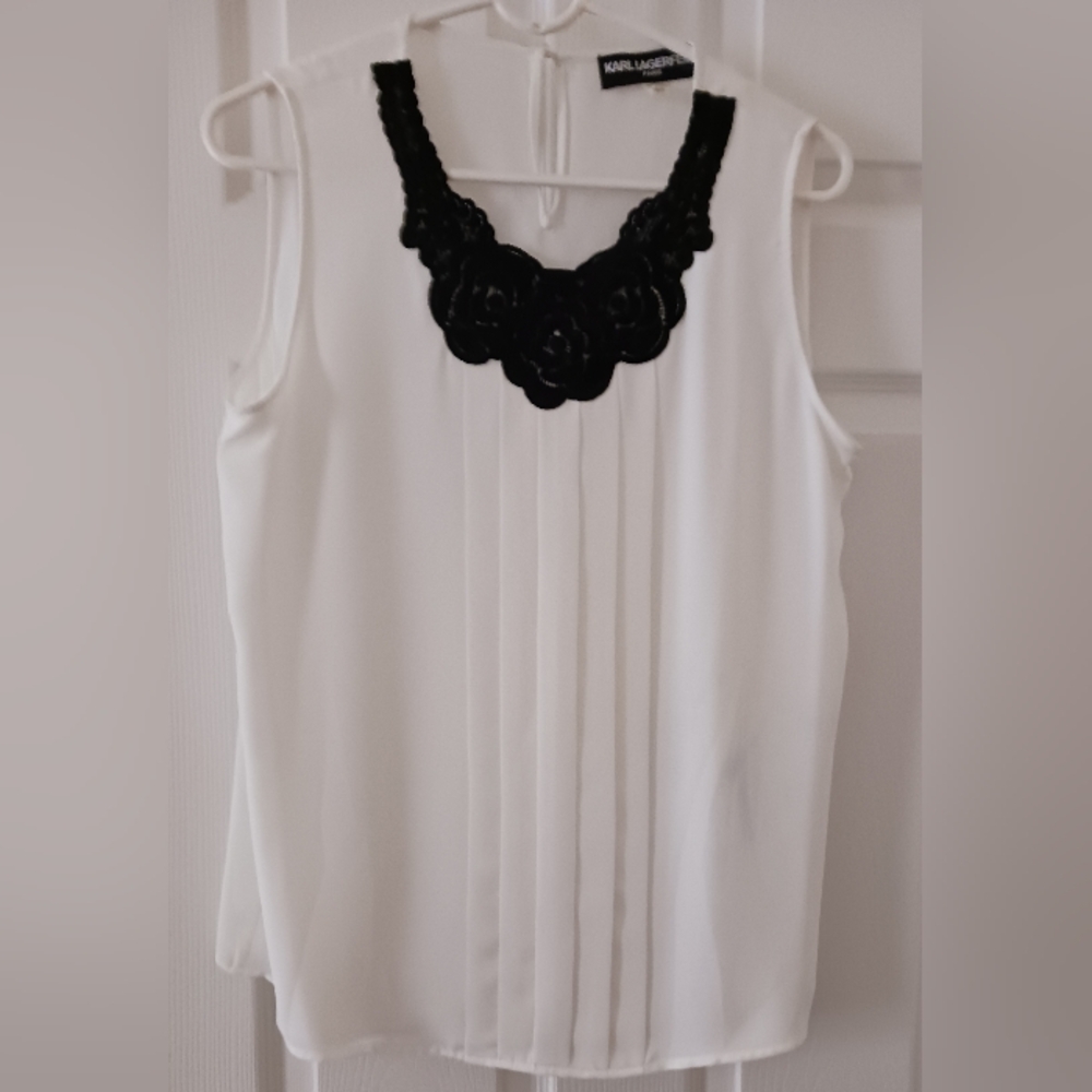 New Karl Lagerfeld Lined Sleeveless White Chiffon Top With Black Lace Neckline